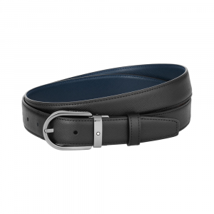 Cintura reversibile Montblanc in pelle nera/blu 30 mm con fibbia a ferro di cavallo