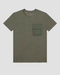 T-shirt verde militare mezza manica in jersey di cotone con maxi taschino in nylon stropicciato