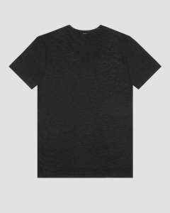 T-shirt nera mezza manica in cotone fiammato con taschino