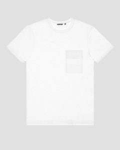 T-shirt bianca mezza manica in cotone fiammato con taschino