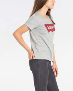 T-shirt grigio melange in cotone a maniche corte con maxi batwing rosso stampato
