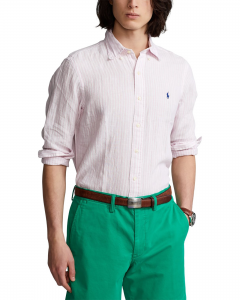 Camicia a righe bianche e rosa in lino custom-fit