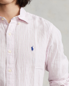 Camicia a righe bianche e rosa in lino custom-fit
