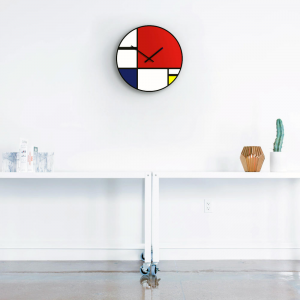 Mondrian round wall clock in digitally printed metal, diameter 44 cm