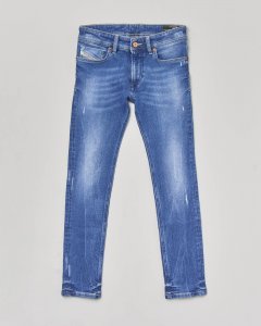 Jeans Sleenker skinny in cotone elasticizzato con lavaggio chiaro stone washed e abrasioni 10-14 anni
