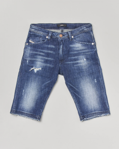 Bermuda jeans in cotone elasticizzato con lavaggio scuro stone washed e abrasioni 10-16 anni