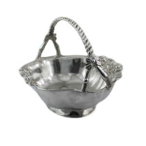 Fruit bowl with handle in handcrafted pewter 