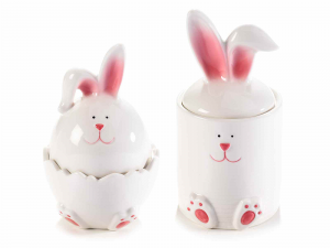 Contenitore coniglio ceramica lucida bianca c/orecchie rosa
