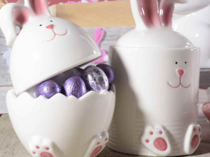 Contenitore coniglio ceramica lucida bianca c/orecchie rosa