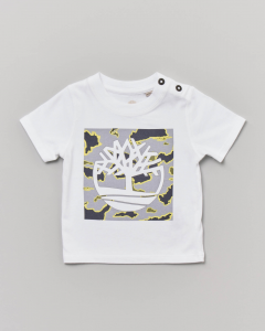 T-shirt bianca mezza manica con stampa logo in grafica camouflage 9-18 mesi