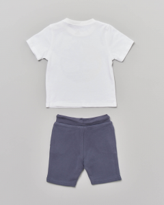 Completo composto da t-shirt bianca mezza manica e bermuda blu in felpa 9-18 mesi