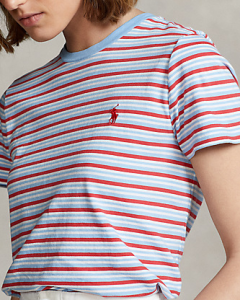 T-shirt bianca a righe rosse e azzurre in cotone con logo ricamato sul petto