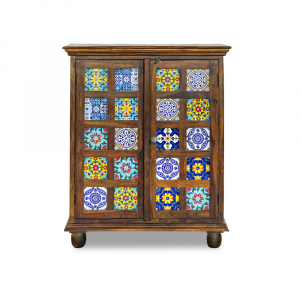 Credenza 2 ante in legno di palissandro indiano con mosaico di maioliche #1141IN1150