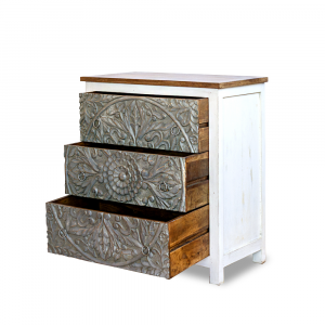 Cassettiera con 3 cassetti in legno di palissandro indiano con intaglio centrale rosene colore grey