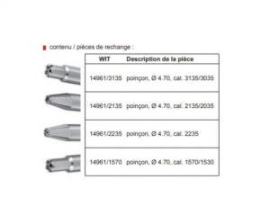 Assortimento di 4 punzoni per ribadire l'asse delle masse oscillanti realizzati per i calibri Rolex.

Calibri: 1570, 1530, 2135, 2035 e 3035 / 3135