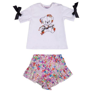 PINKO Bambina Completo T-shirt Stampa Orso E Fiocchi Neri Sulle Maniche, Shorts Multicolor.