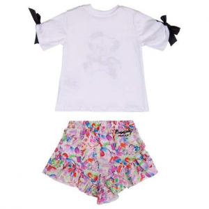 PINKO Bambina Completo T-shirt Stampa Orso E Fiocchi Neri Sulle Maniche, Shorts Multicolor.