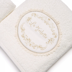 Set Asciugamani Viso e Ospite in Morbida Spugna 100% Cotone, decorati con Applicazione in Stile Liberty, realizzata in Tessuto di Lino e Pizzo | 