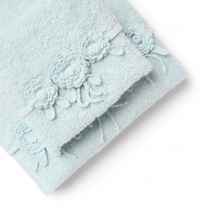 Coppia Asciugamani Viso e Ospite in Morbida Spugna 100% Cotone, decorati con Applicazioni realizzate all’Uncinetto a Forma di Fiori | 