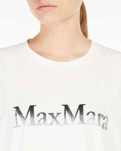 T-shirt bianca over in cotone stretch con scritta logo stampata a contrasto di colore