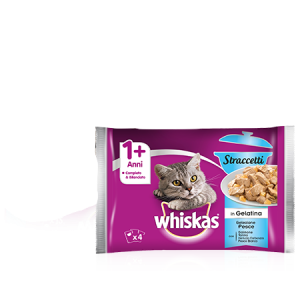 Whiskas® Straccetti 1+ Selezione Pesce  In Gelatina con Salmone, Tonno, Merluzzo Carbonaro, Pesce Bianco