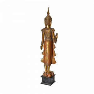 Statua Buddha in legno thailandese intagliata a mano gold/orange