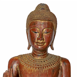 Statua Buddha in legno thailandese intagliata a mano red/gold