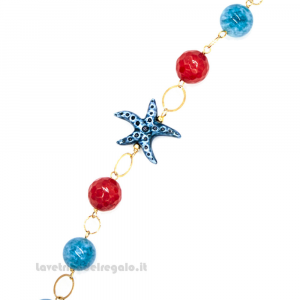 Bracciale in agata azzurra e rossa con stella marina in ceramica di Caltagirone - Gioielli Siciliani
