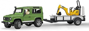 Bruder 2593 Land Rover Defender con un rimorchio dell'asse, micro escavatore JCB e lavoratore