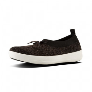 Fitflop - ÜBERKNIT SLIP-ON BALLERINA TM WITH BOW BLACK/BRONZE MET.