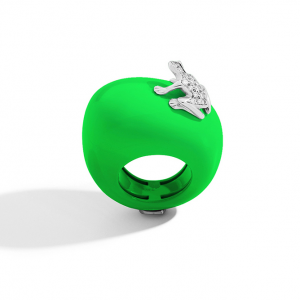 Ring in fluo green cataphoresis, white gold and diamonds