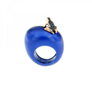 Anello con rana in Zaffiri Blu e Oro Rosa 18k su base grande in cataforesi bluette metallizato