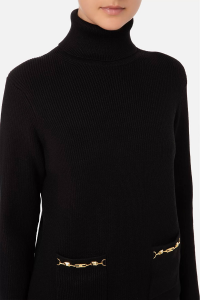 Ribbed Sweater with High Collar and Clamp Detail