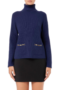 Ribbed Sweater with High Collar and Clamp Detail
