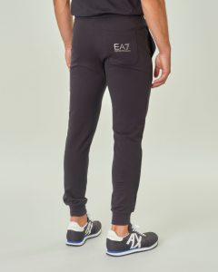 Pantaloni blu in felpa di cotone con maxi logo argento verticale lungo la gamba