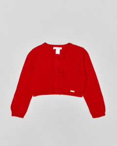 Cardigan rosso in lana e alpaca con chiusura clip con fiocchi 3-7 anni
