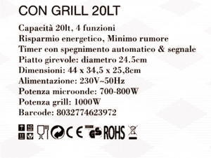 Forno Elettrico Microonde Grill 20lt