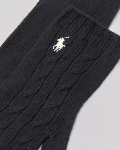Guanti neri in lana e cashmere a trecce con logo bianco ricamato