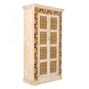 Credenza alta / Armadio in legno di teak decapato white con 2 ante forate con fiori intagliati e ripiani interni #1012ID1850