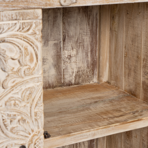 Credenza in legno di teak recycle bianco decapato con 2 ante intagli floreali e ripiani interni #1133ID1150