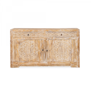 Buffet in legno di teak recuperato bianco decapato con 2 cassetti e 2 ante intagliate con ripiani interni #1131ID1350