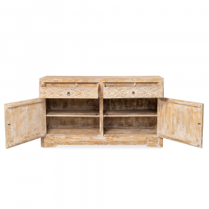 Buffet in legno di teak recuperato bianco decapato con 2 cassetti e 2 ante intagliate con ripiani interni #1131ID1350