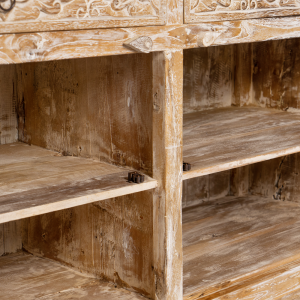 Buffet in legno di teak recuperato bianco decapato con 2 cassetti e 2 ante intagliate con ripiani interni