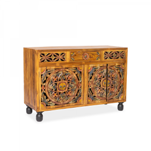 Credenza in legno di teak recycle con 2 ante forate intagliate con motivi floreali ed 1 cassetto centrale e ripiani interni #1130ID1250