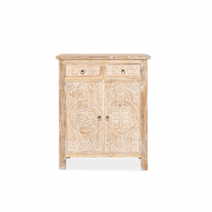 Credenza in legno di teak white wash recycle con 2 cassetti e 2 ante intagliate con motivi floreali e ripiani interni