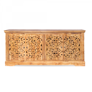 Buffet in legno di teak recycle con 4 ante forate intagliate con motivi floreali e ripiani interni #1128ID1750