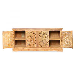 Buffet in legno di teak recycle con 4 ante forate intagliate con motivi floreali e ripiani interni