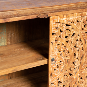 Buffet in legno di teak recycle con 4 ante forate intagliate con motivi floreali e ripiani interni