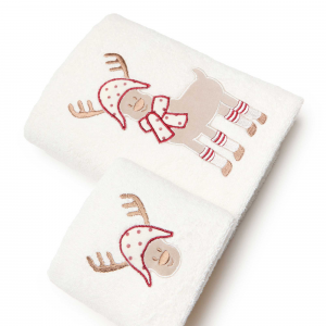 Coppia Asciugamani in Soffice Spugna di 100% Cotone Decorata con Rudolf, la Renna di Babbo Natale | Anna Collezioni