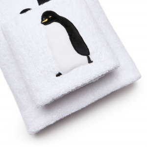Set Asciugamani Viso e Ospite in Morbida Spugna di 100% Cotone, Decorato con Fantasia di Pinguini Semiseri | Anna Collezioni